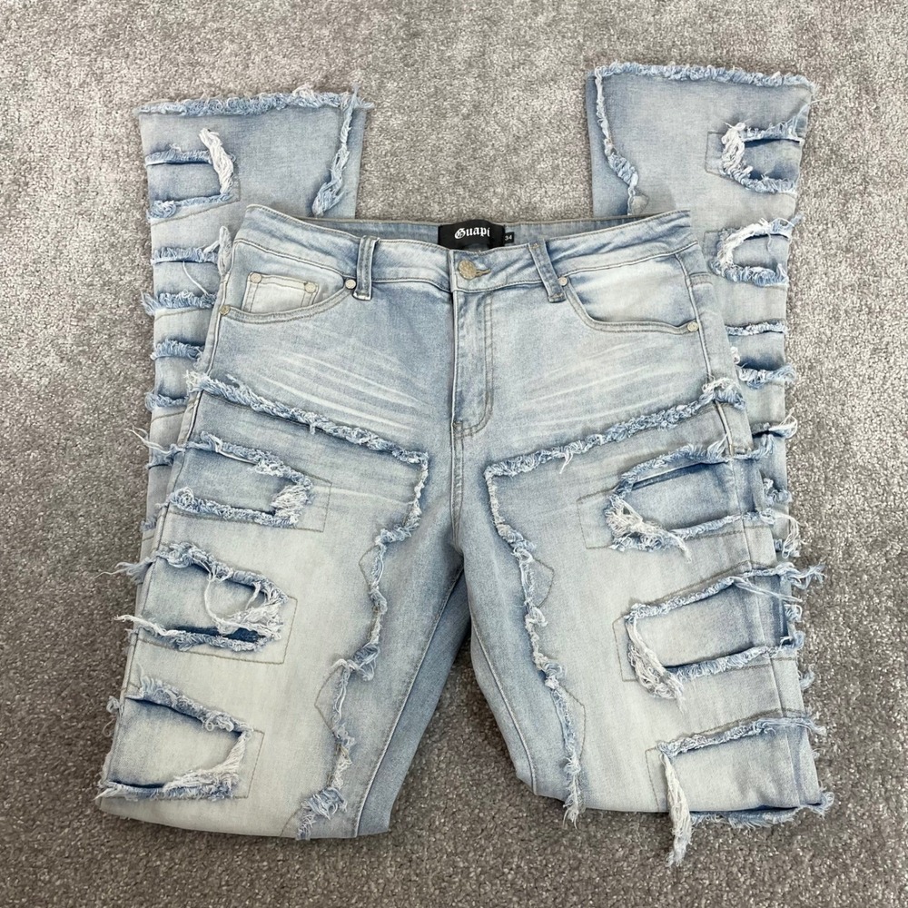Guapi Jeans Mens 34 Distressed Patchwork Flare Light Wash Denim Frayed Street - Picture 3 of 14
